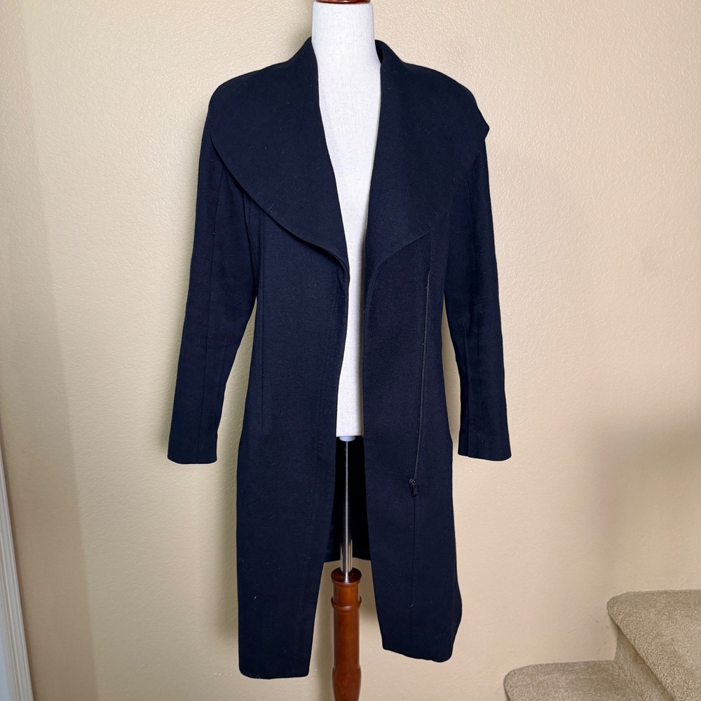 SABA Wool Coat Women 10 Black Asymmetrical Zip Shawl Collar Wrap Jacket